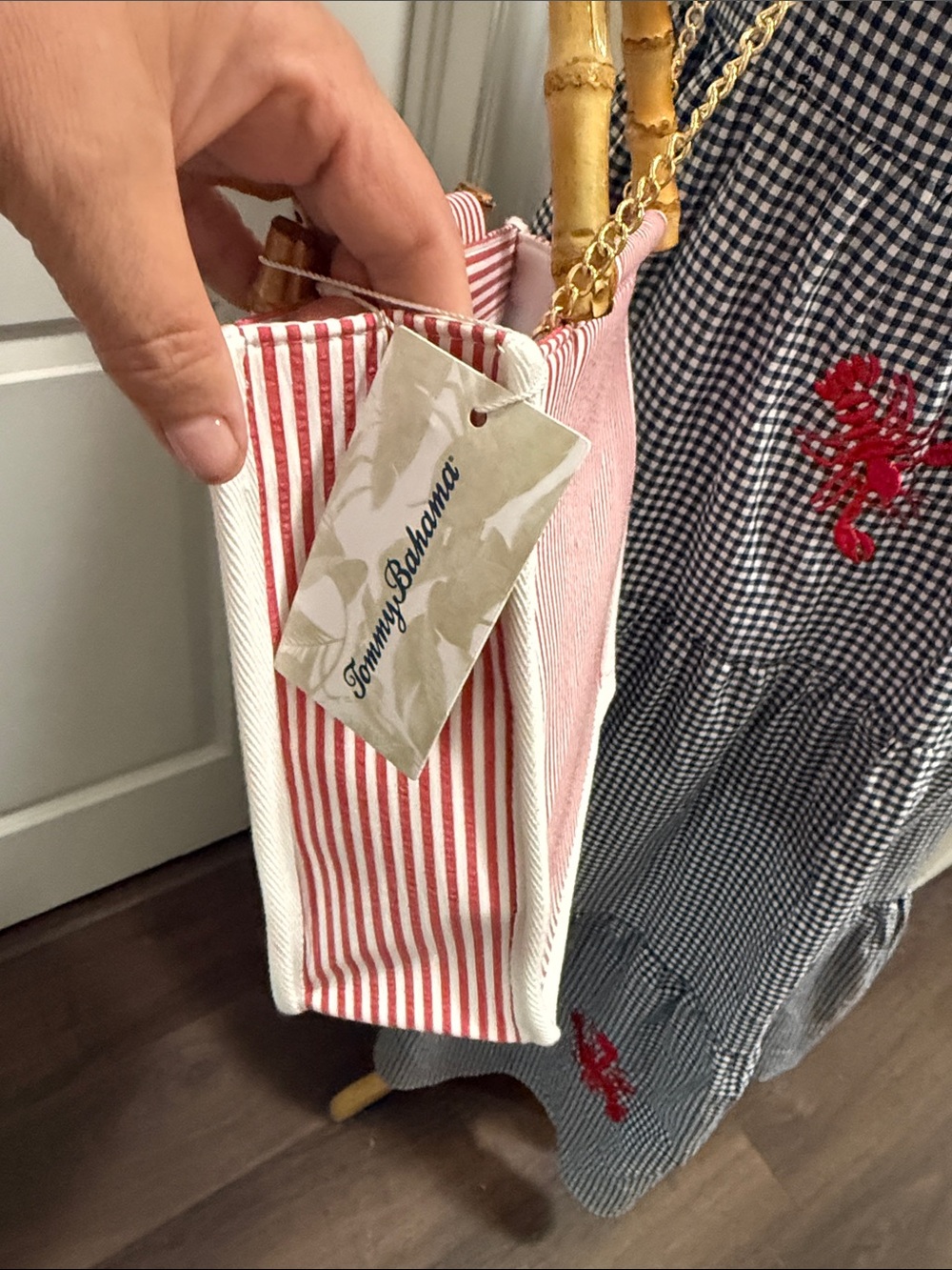 Blue and White Gingham Dress with Red embroidered lobsters. And matching purse. - Picture 9 of 12